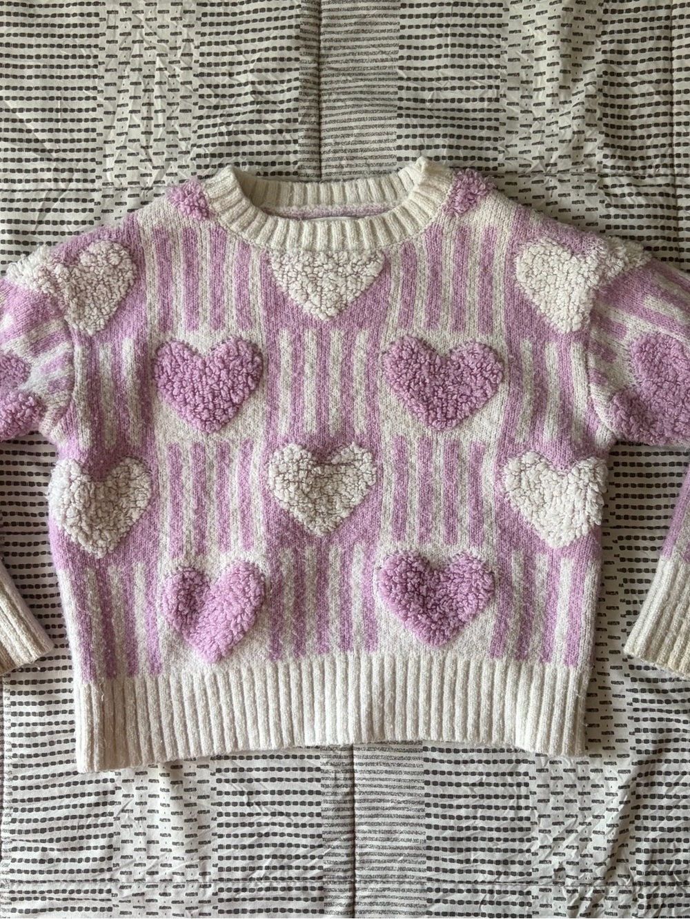 Girls Cream & Light Purple Heart Knit Sweater